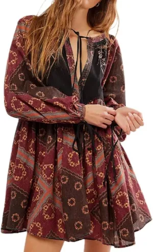 Women Floral Balloon Sleeve V Neck Mini Dress Boho Tie Front Printed Short Dress Bohemia Cute Beach Vocation Sundress