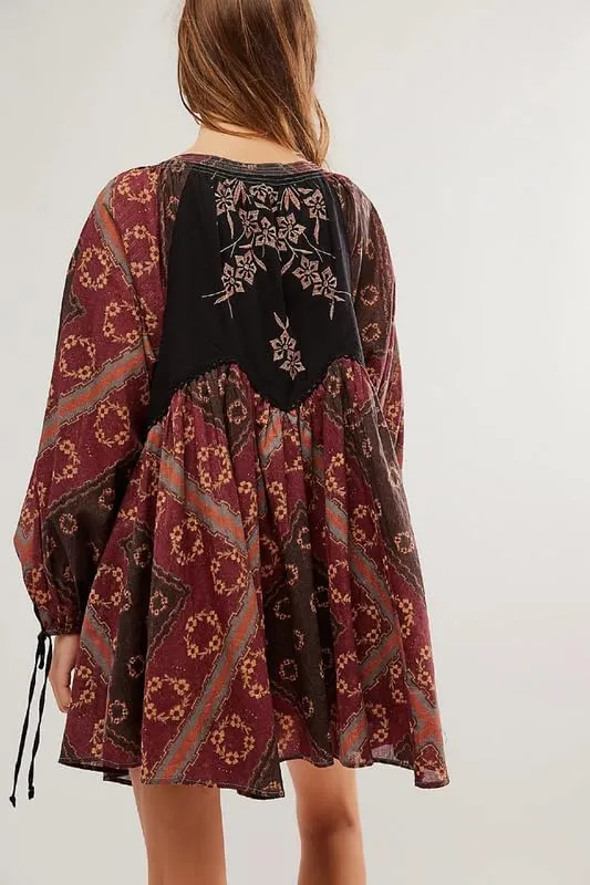 Women Floral Balloon Sleeve V Neck Mini Dress Boho Tie Front Printed Short Dress Bohemia Cute Beach Vocation Sundress