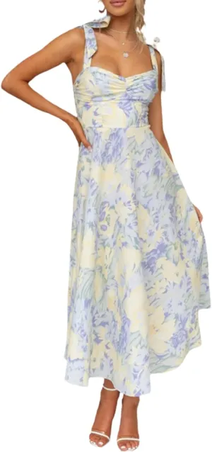Women Floral Maxi Beach Sundress Sexy Spaghetti Strap A Line Ruffle Corset Midi Dress Going Out Party Cottagecore