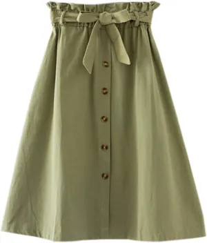 Women High Waist Skirt Elegant Casual Vintage Pleated A-line Button Front Midi Skirt with Belt Pockets