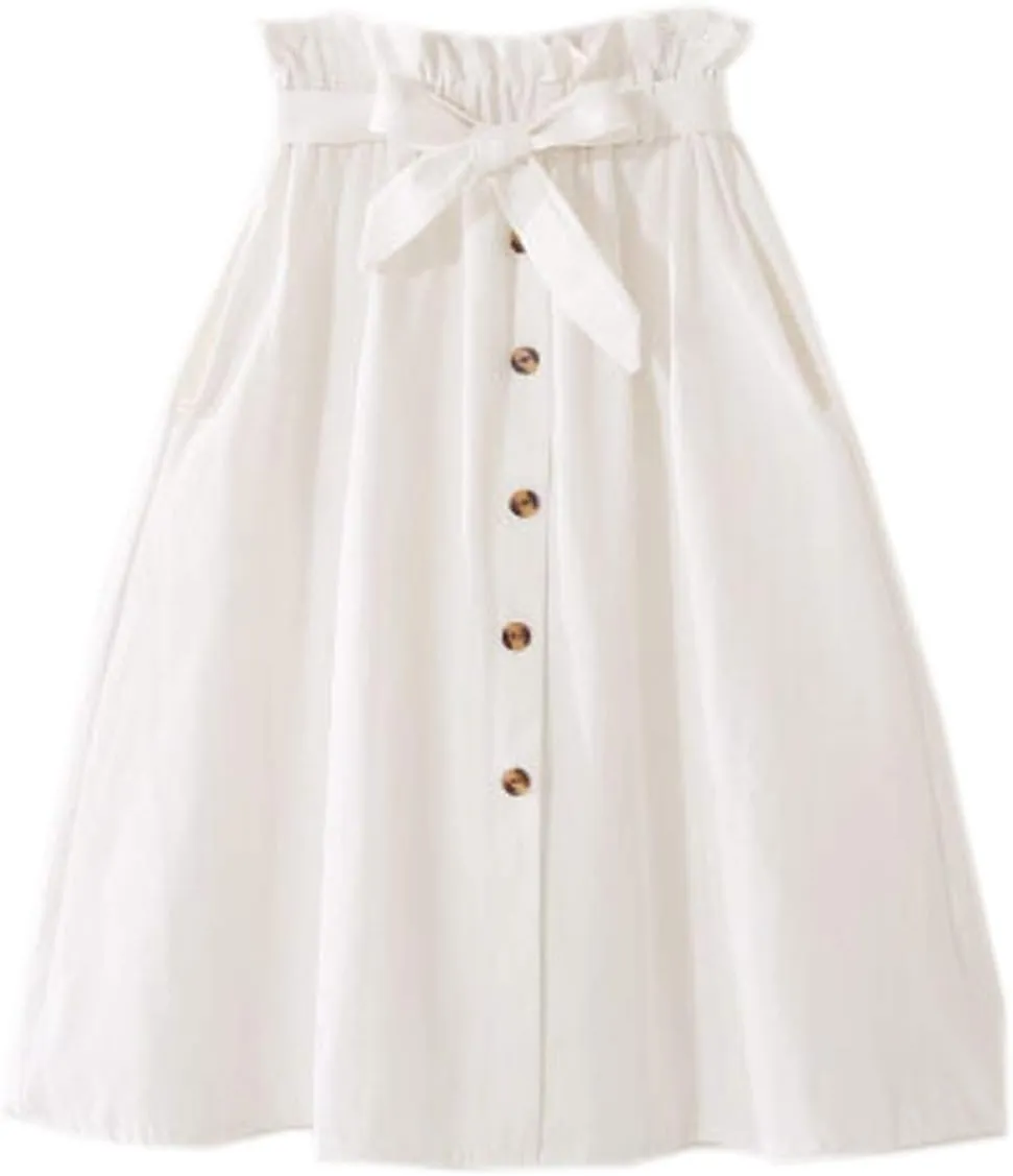 Women High Waist Skirt Elegant Casual Vintage Pleated A-line Button Front Midi Skirt with Belt Pockets