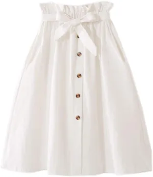 Women High Waist Skirt Elegant Casual Vintage Pleated A-line Button Front Midi Skirt with Belt Pockets