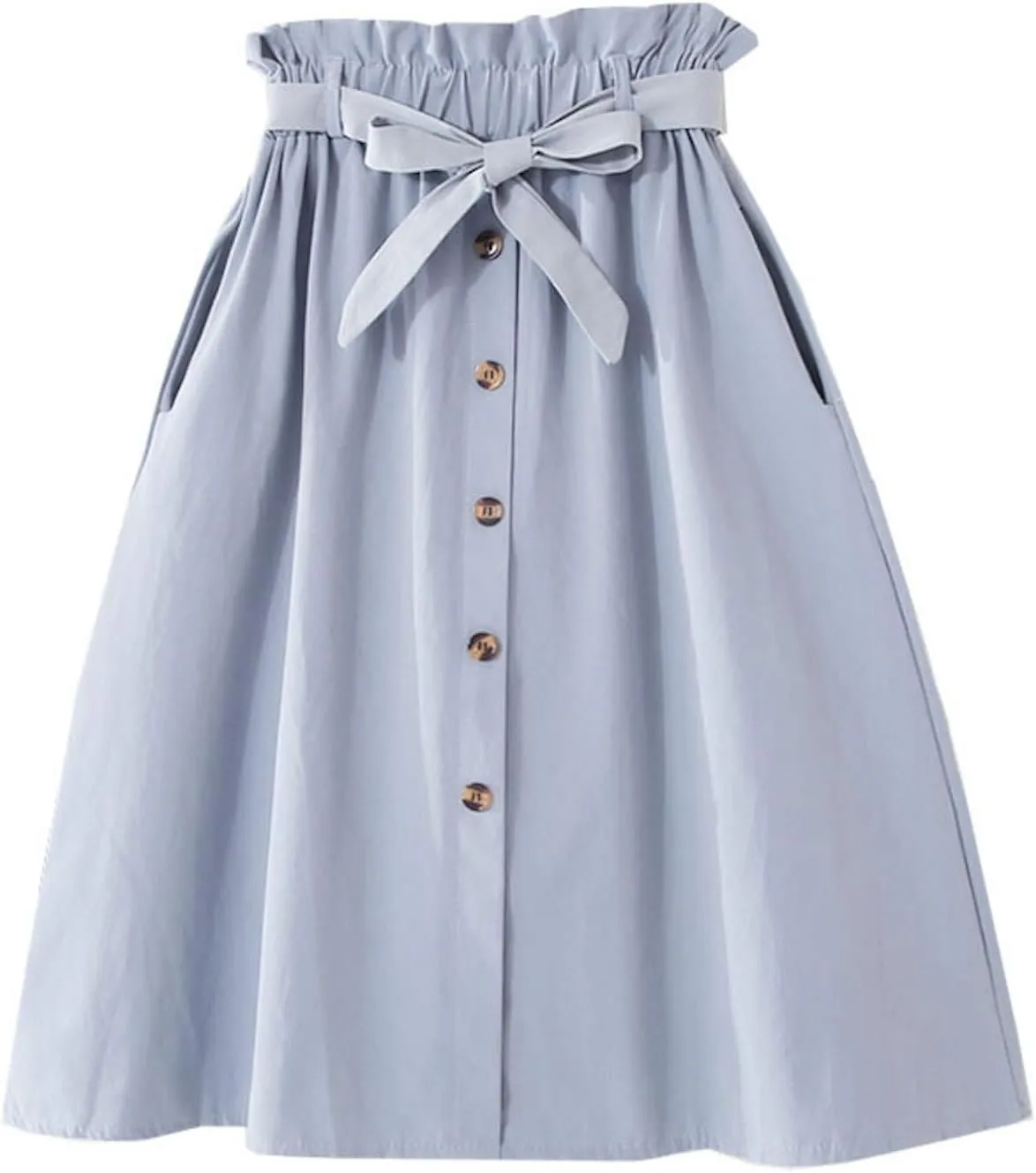 Women High Waist Skirt Elegant Casual Vintage Pleated A-line Button Front Midi Skirt with Belt Pockets