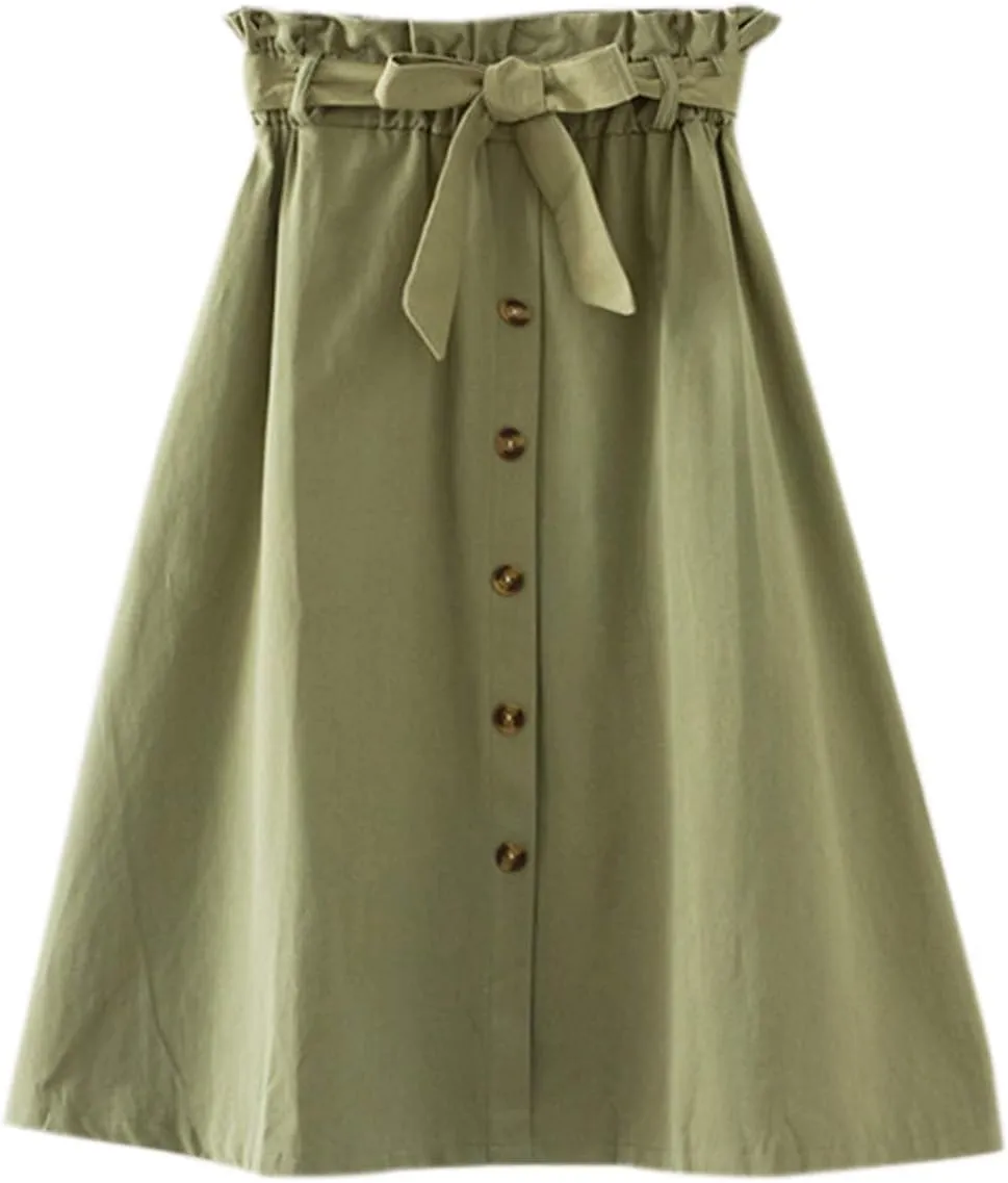 Women High Waist Skirt Elegant Casual Vintage Pleated A-line Button Front Midi Skirt with Belt Pockets