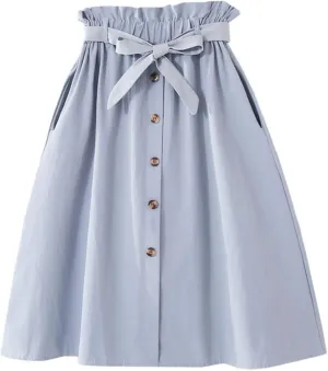 Women High Waist Skirt Elegant Casual Vintage Pleated A-line Button Front Midi Skirt with Belt Pockets