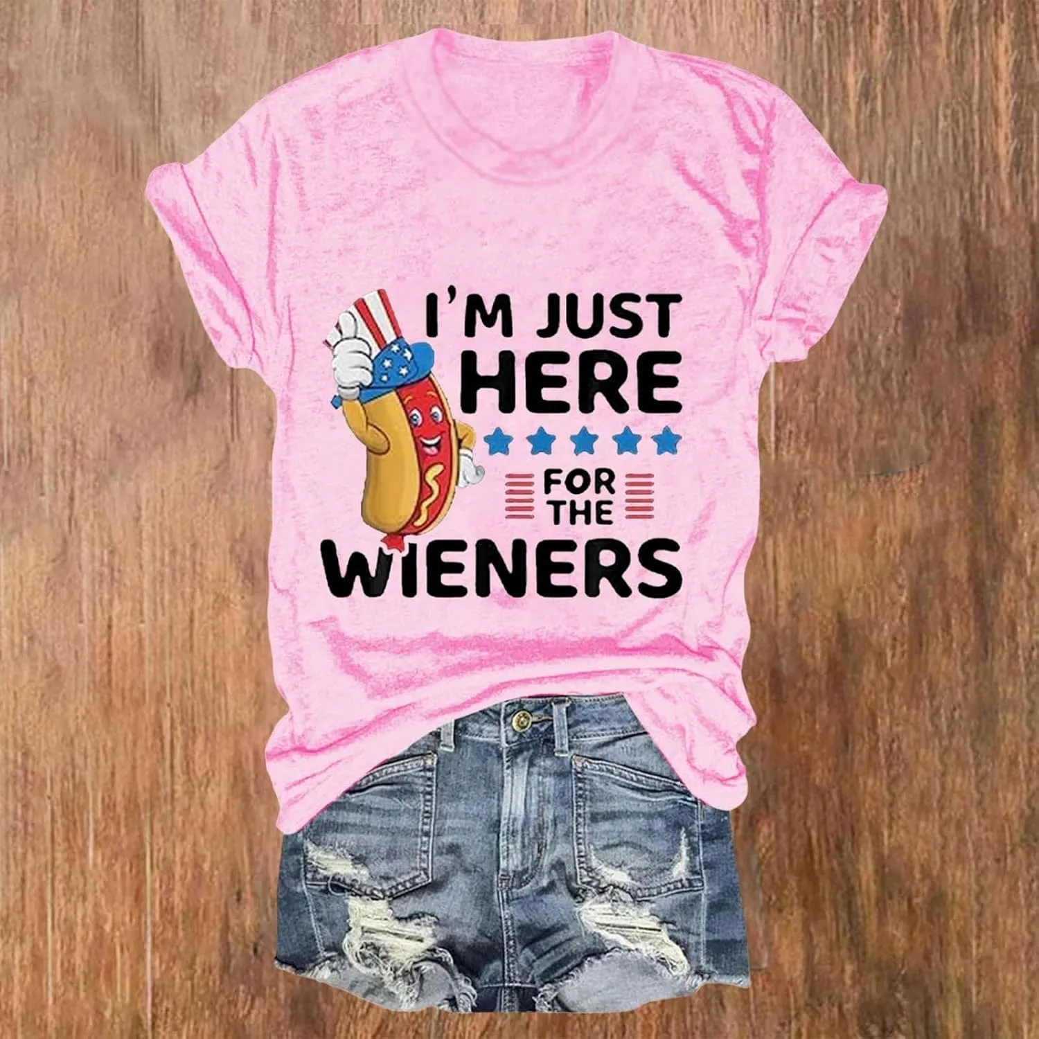 Women I'm Just Here for The Wieners Shirt 4th of July Shirts American Flag Patriotic Plus Size Short Sleeve Tee