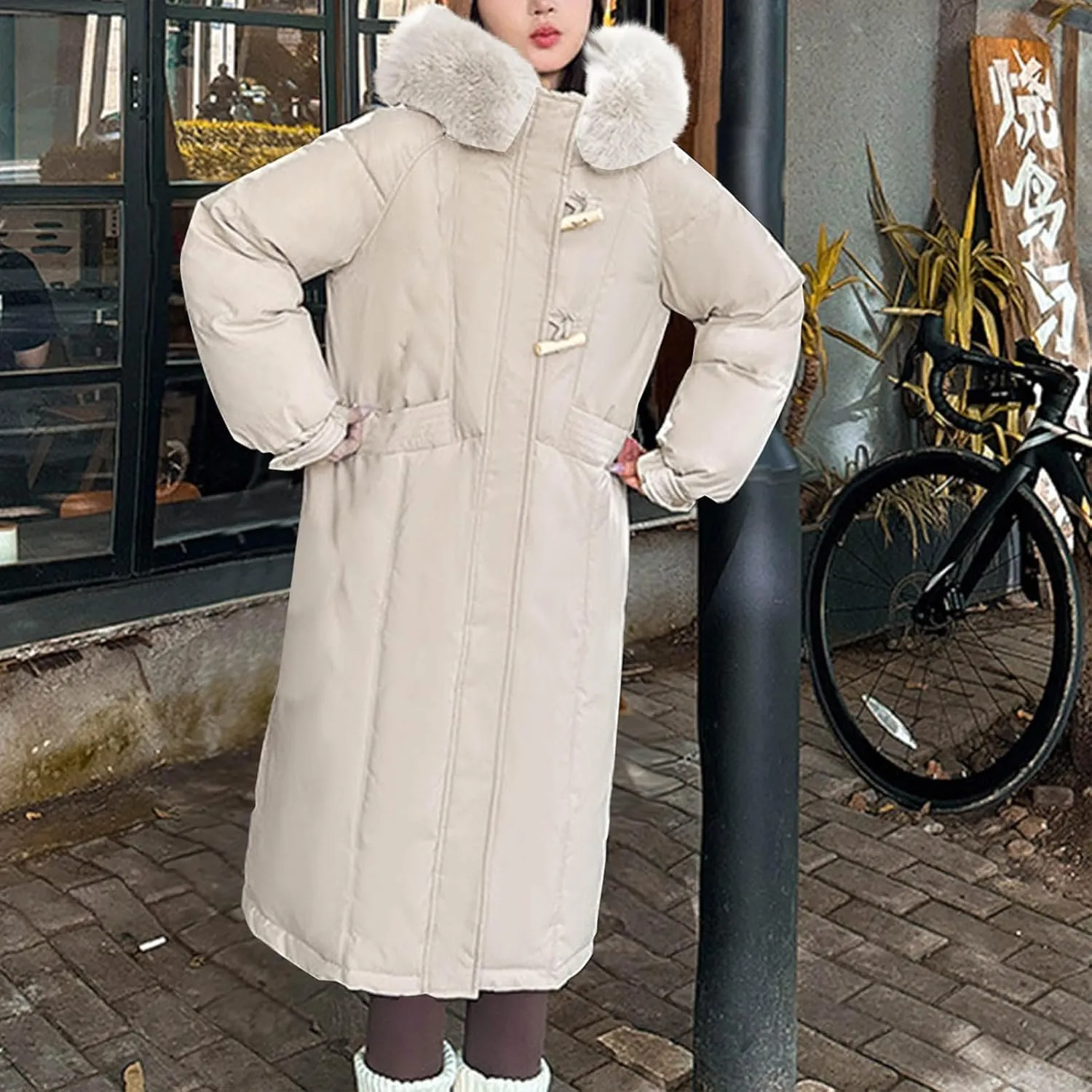 Women Long Puffer Jacket,Winter Thickened Coat with Hooded Deep Pockets,Zip Padded Cotton Coats Parka