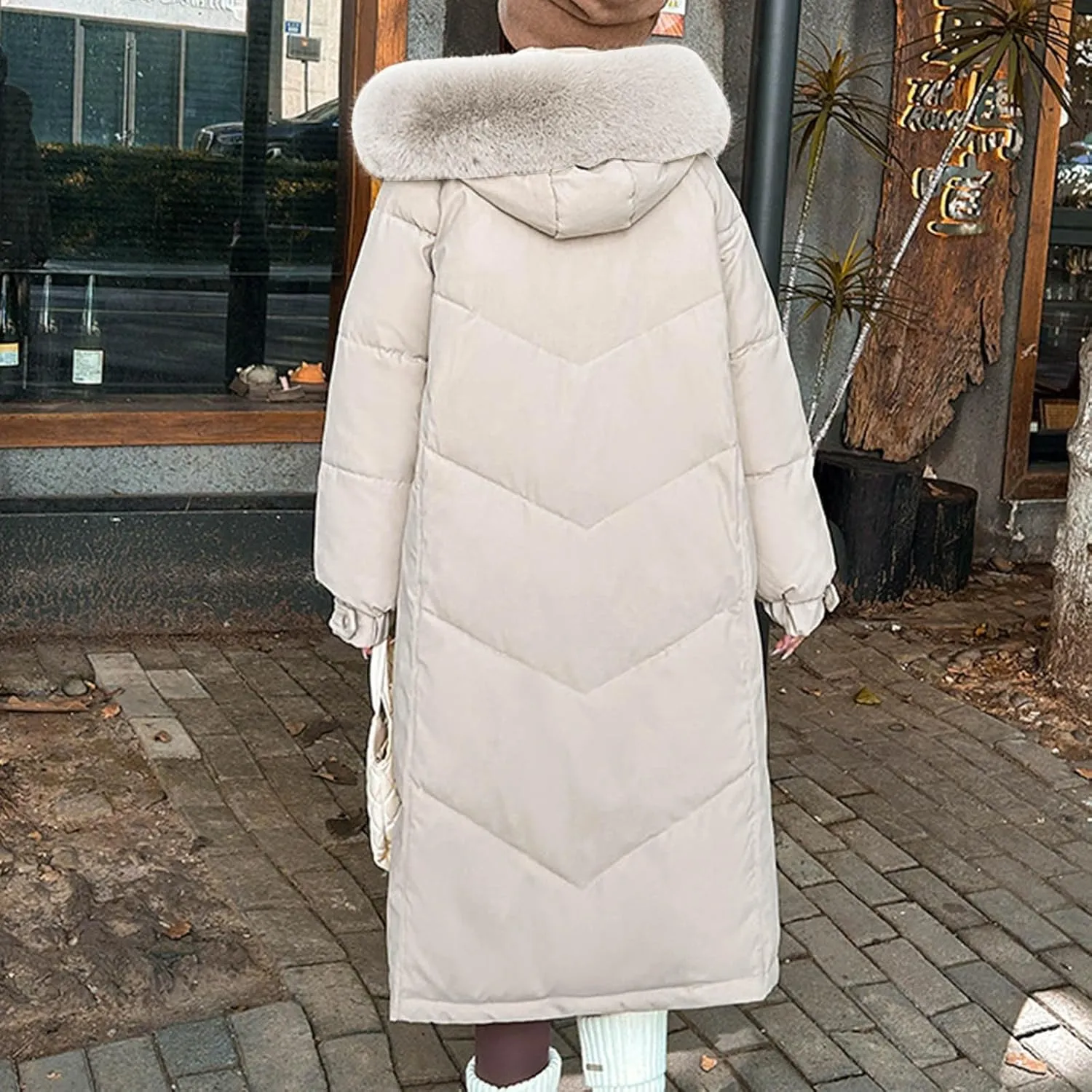 Women Long Puffer Jacket,Winter Thickened Coat with Hooded Deep Pockets,Zip Padded Cotton Coats Parka