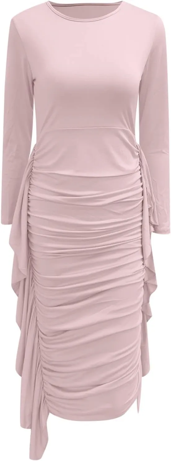 Women Long Sleeve Casual Ruffled Mini Dress Fringed Side Ruffle Hem Dress Casual Skirts for Women 2024