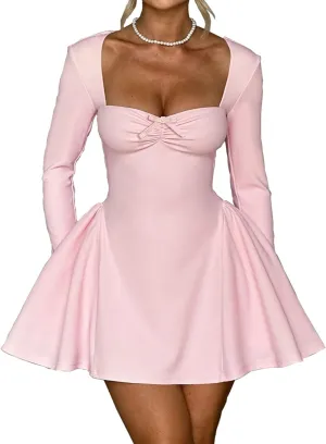 Women Long Sleeve Mini Dress Sweetheart Neckline Bodycon Short Dress Club Cocktail Party Corset Dresses