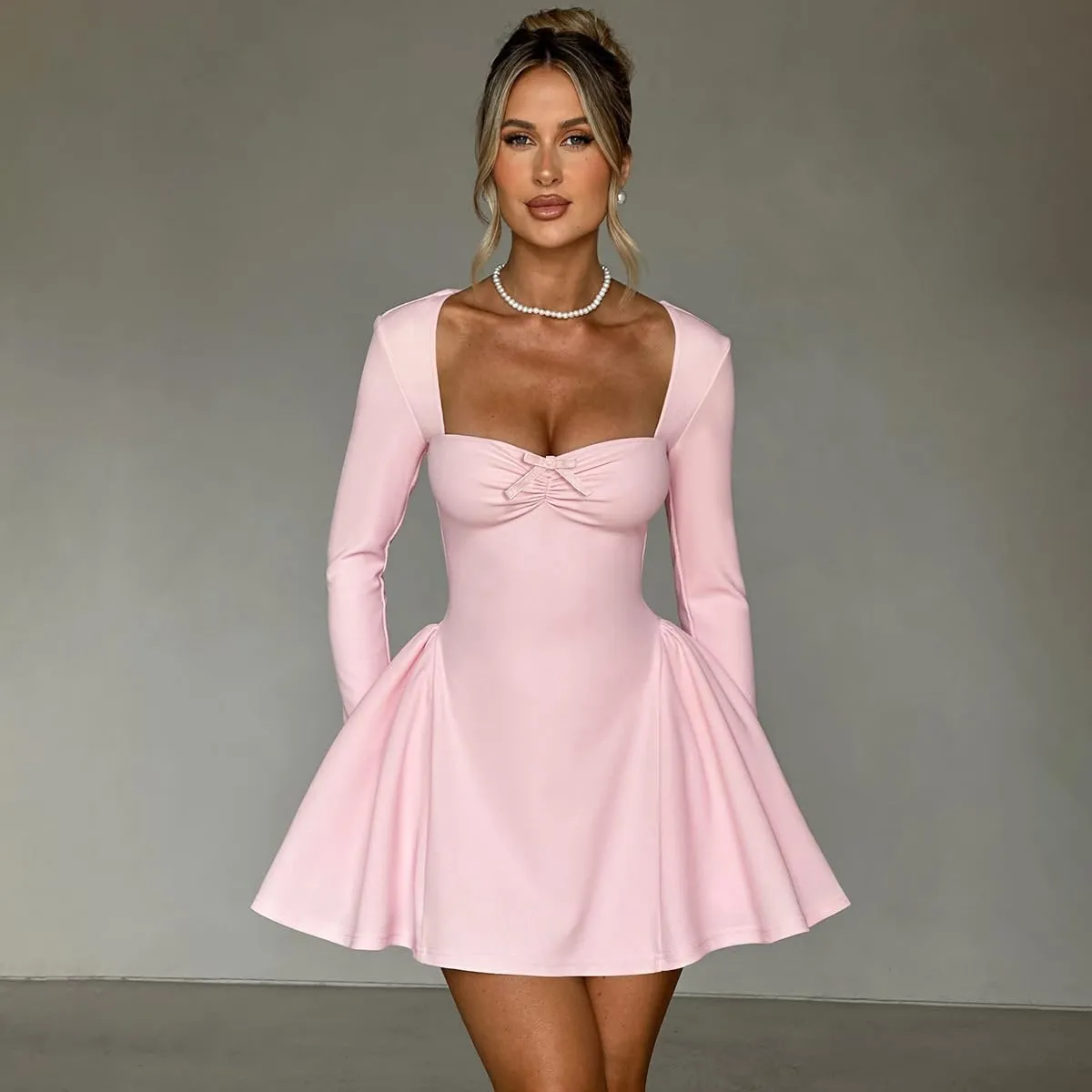 Women Long Sleeve Mini Dress Sweetheart Neckline Bodycon Short Dress Club Cocktail Party Corset Dresses