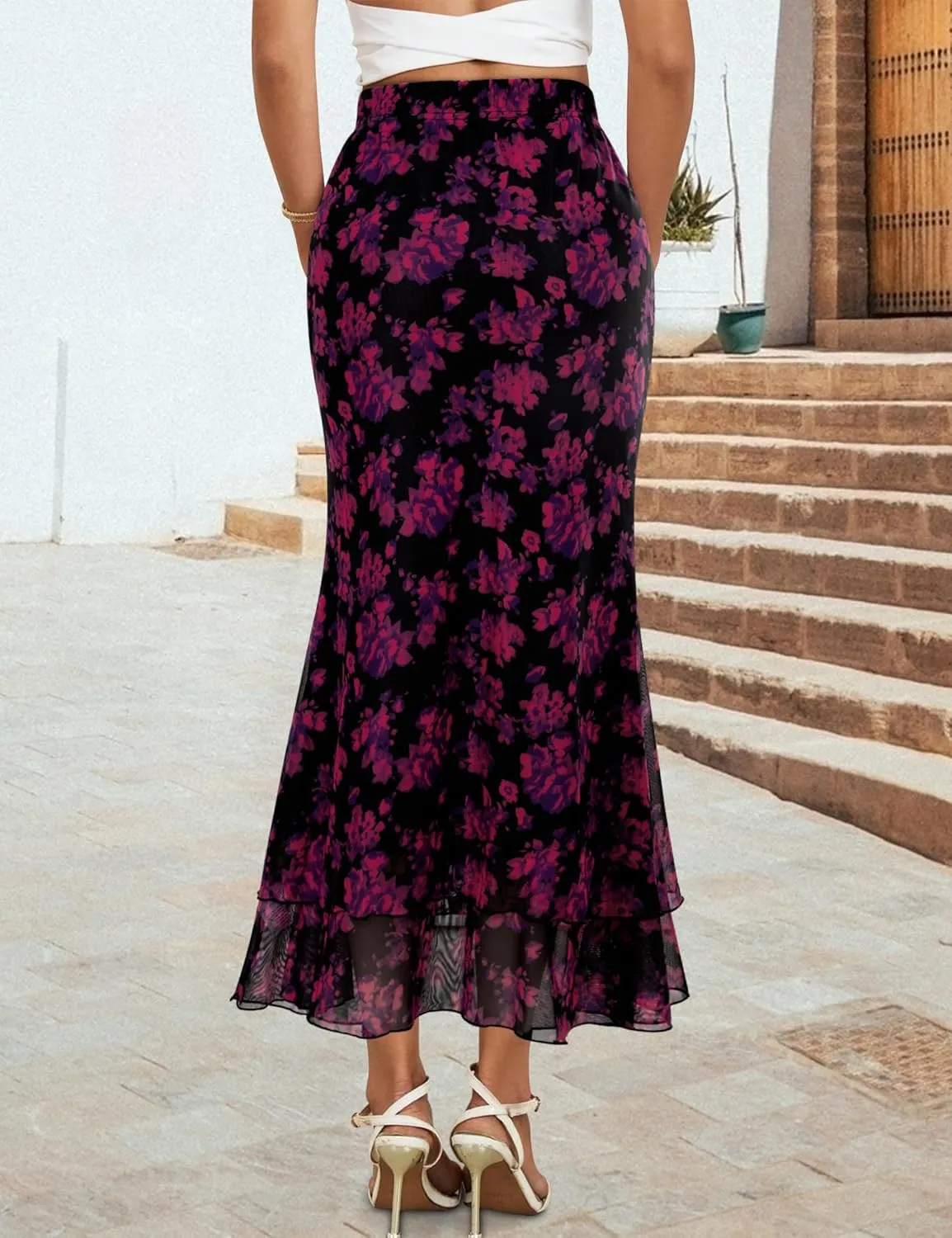 Women Maxi Skirt Ditsy Floral Mesh Skirt Summer Flowy Boho Elastic High Waisted Long Skirts Fashion Trendy 2025