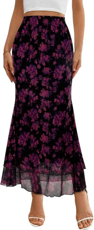 Women Maxi Skirt Ditsy Floral Mesh Skirt Summer Flowy Boho Elastic High Waisted Long Skirts Fashion Trendy 2025
