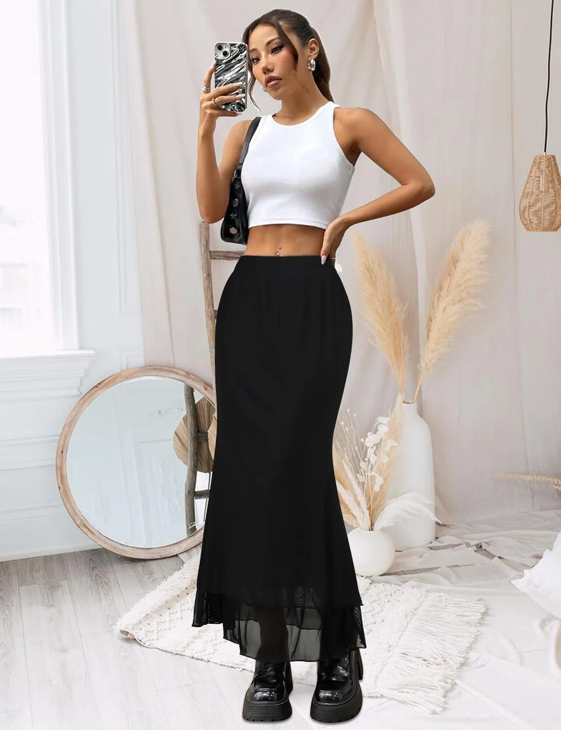 Women Maxi Skirt Ditsy Floral Mesh Skirt Summer Flowy Boho Elastic High Waisted Long Skirts Fashion Trendy 2025