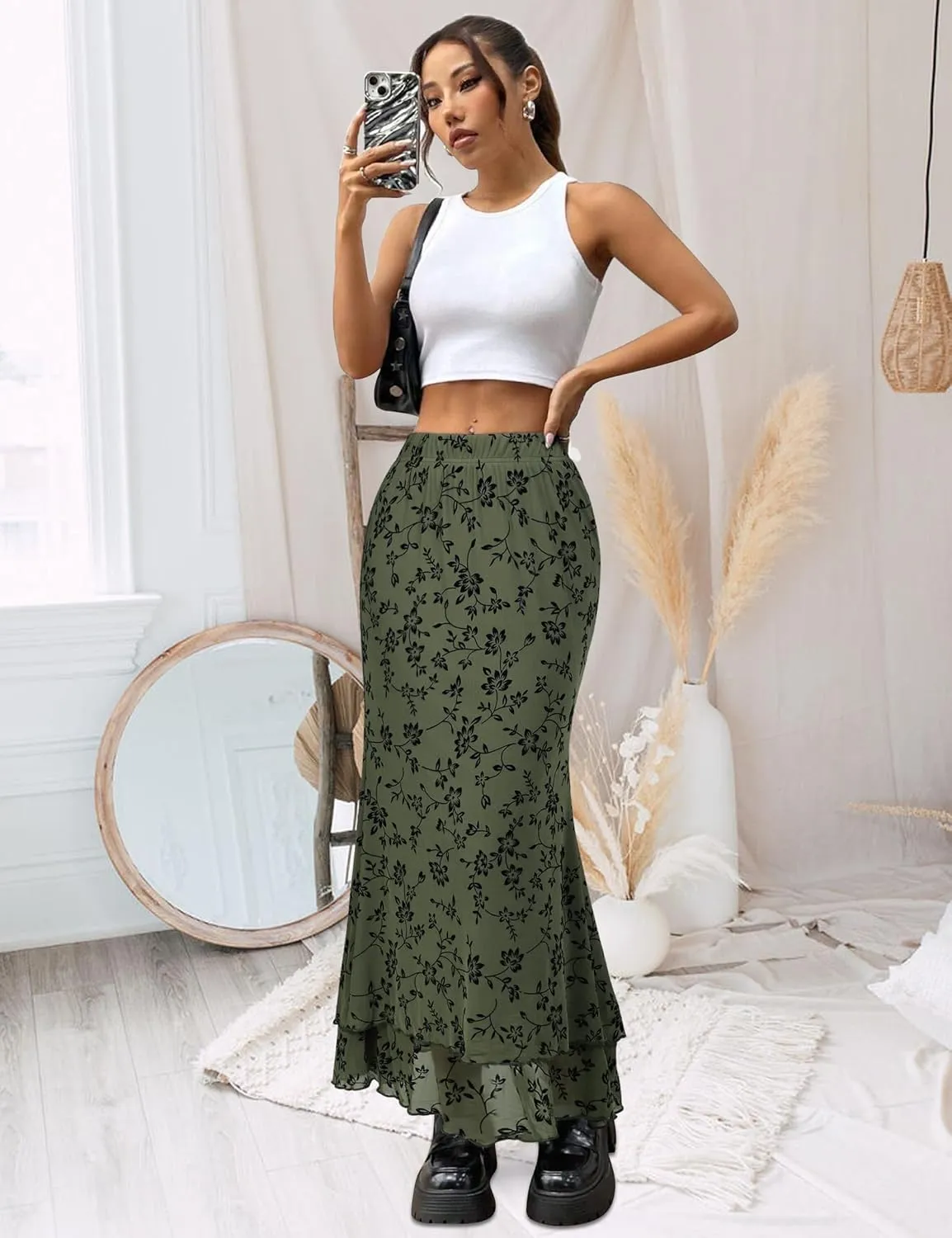 Women Maxi Skirt Ditsy Floral Mesh Skirt Summer Flowy Boho Elastic High Waisted Long Skirts Fashion Trendy 2025