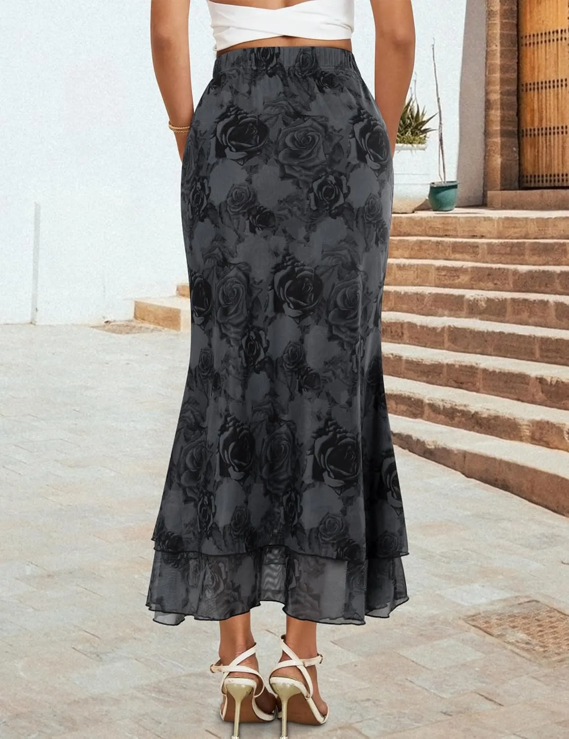 Women Maxi Skirt Ditsy Floral Mesh Skirt Summer Flowy Boho Elastic High Waisted Long Skirts Fashion Trendy 2025