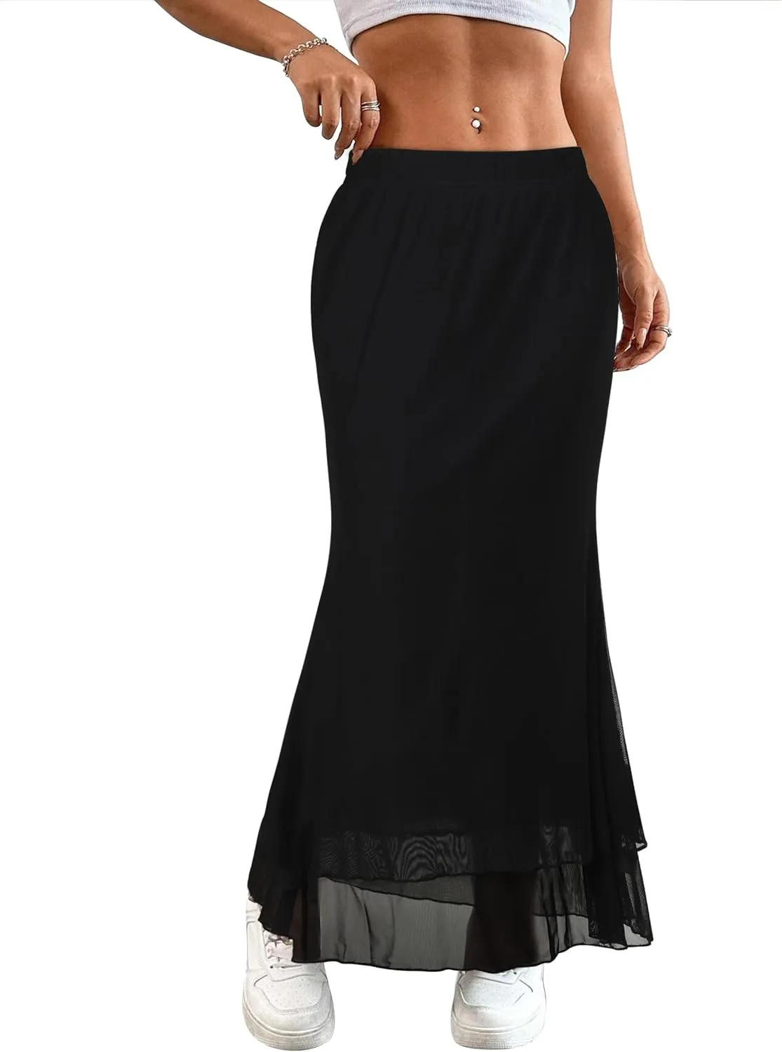 Women Maxi Skirt Ditsy Floral Mesh Skirt Summer Flowy Boho Elastic High Waisted Long Skirts Fashion Trendy 2025