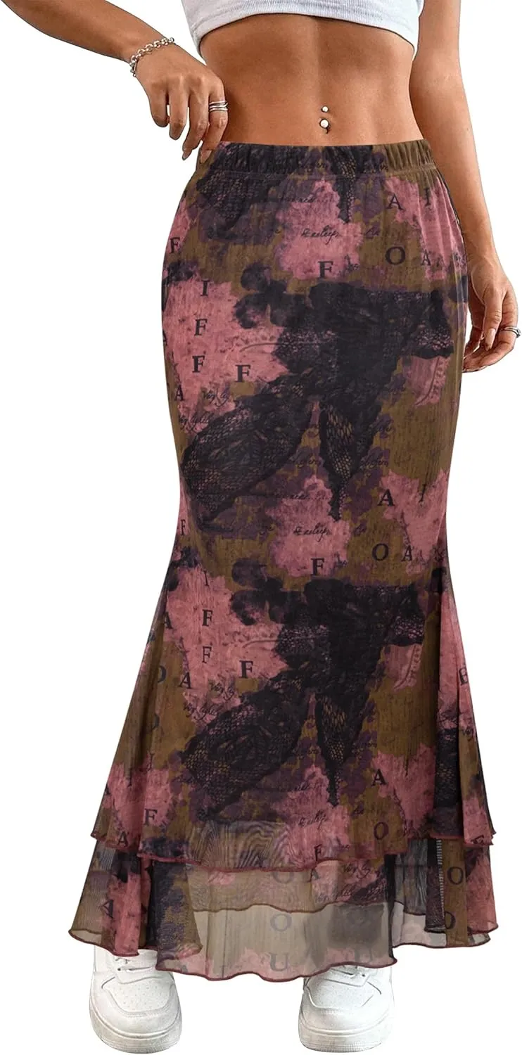 Women Maxi Skirt Ditsy Floral Mesh Skirt Summer Flowy Boho Elastic High Waisted Long Skirts Fashion Trendy 2025
