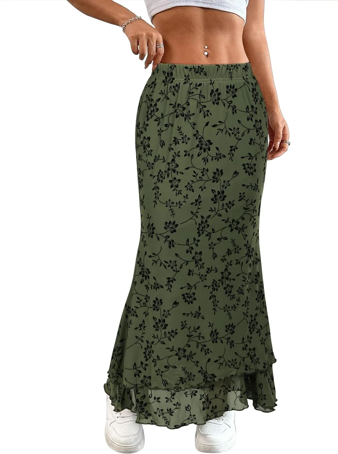 Women Maxi Skirt Ditsy Floral Mesh Skirt Summer Flowy Boho Elastic High Waisted Long Skirts Fashion Trendy 2025
