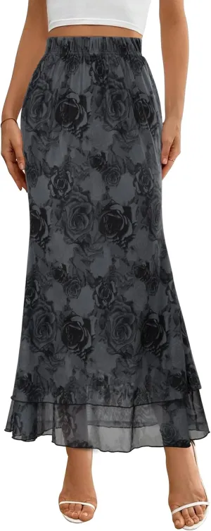 Women Maxi Skirt Ditsy Floral Mesh Skirt Summer Flowy Boho Elastic High Waisted Long Skirts Fashion Trendy 2025