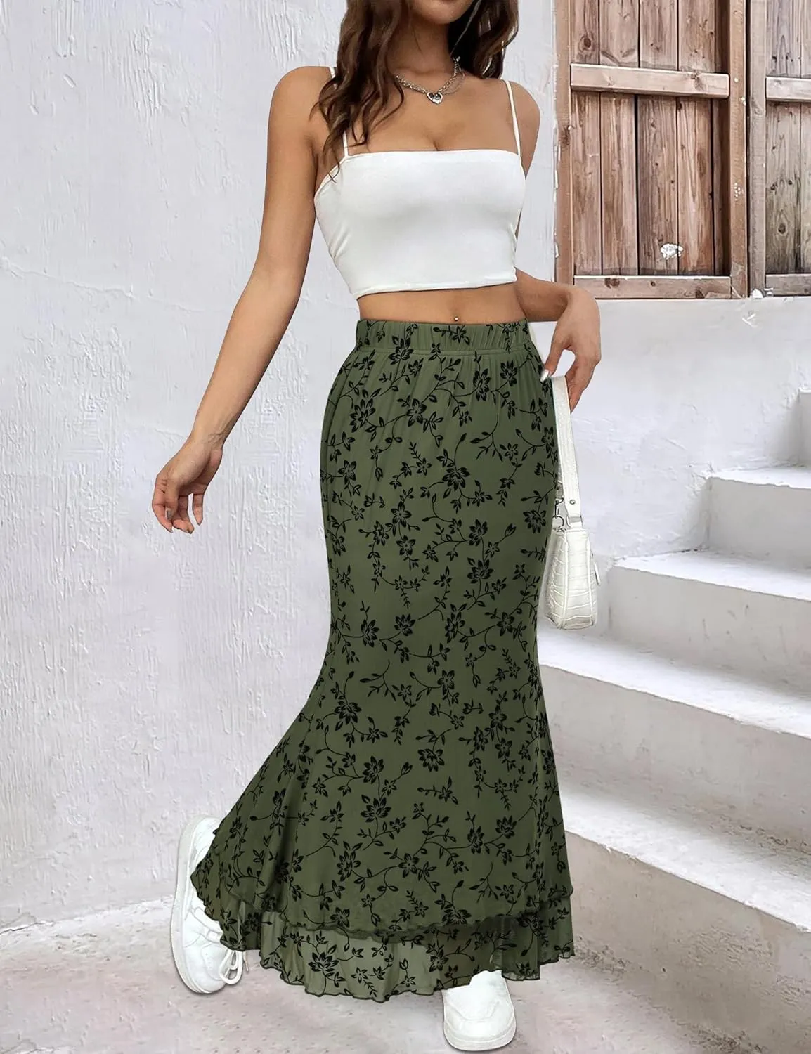 Women Maxi Skirt Ditsy Floral Mesh Skirt Summer Flowy Boho Elastic High Waisted Long Skirts Fashion Trendy 2025