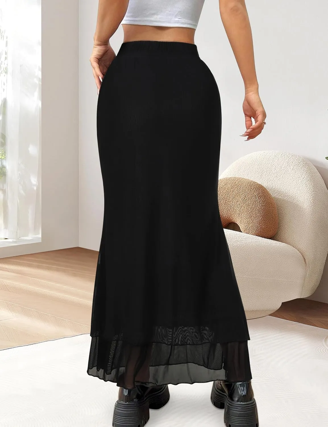 Women Maxi Skirt Ditsy Floral Mesh Skirt Summer Flowy Boho Elastic High Waisted Long Skirts Fashion Trendy 2025