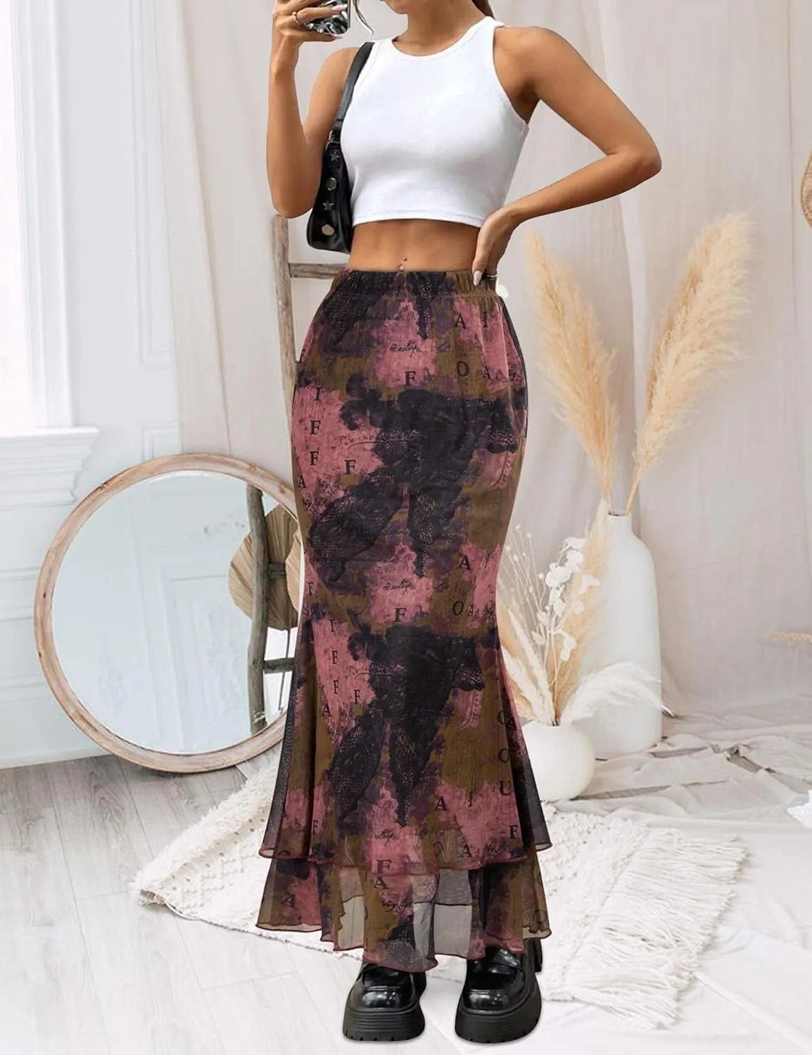 Women Maxi Skirt Ditsy Floral Mesh Skirt Summer Flowy Boho Elastic High Waisted Long Skirts Fashion Trendy 2025