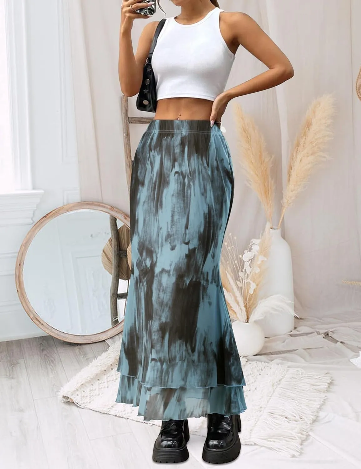 Women Maxi Skirt Ditsy Floral Mesh Skirt Summer Flowy Boho Elastic High Waisted Long Skirts Fashion Trendy 2025