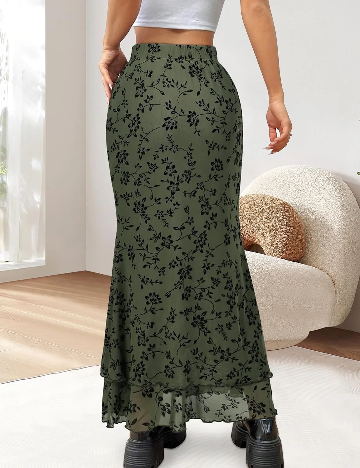 Women Maxi Skirt Ditsy Floral Mesh Skirt Summer Flowy Boho Elastic High Waisted Long Skirts Fashion Trendy 2025