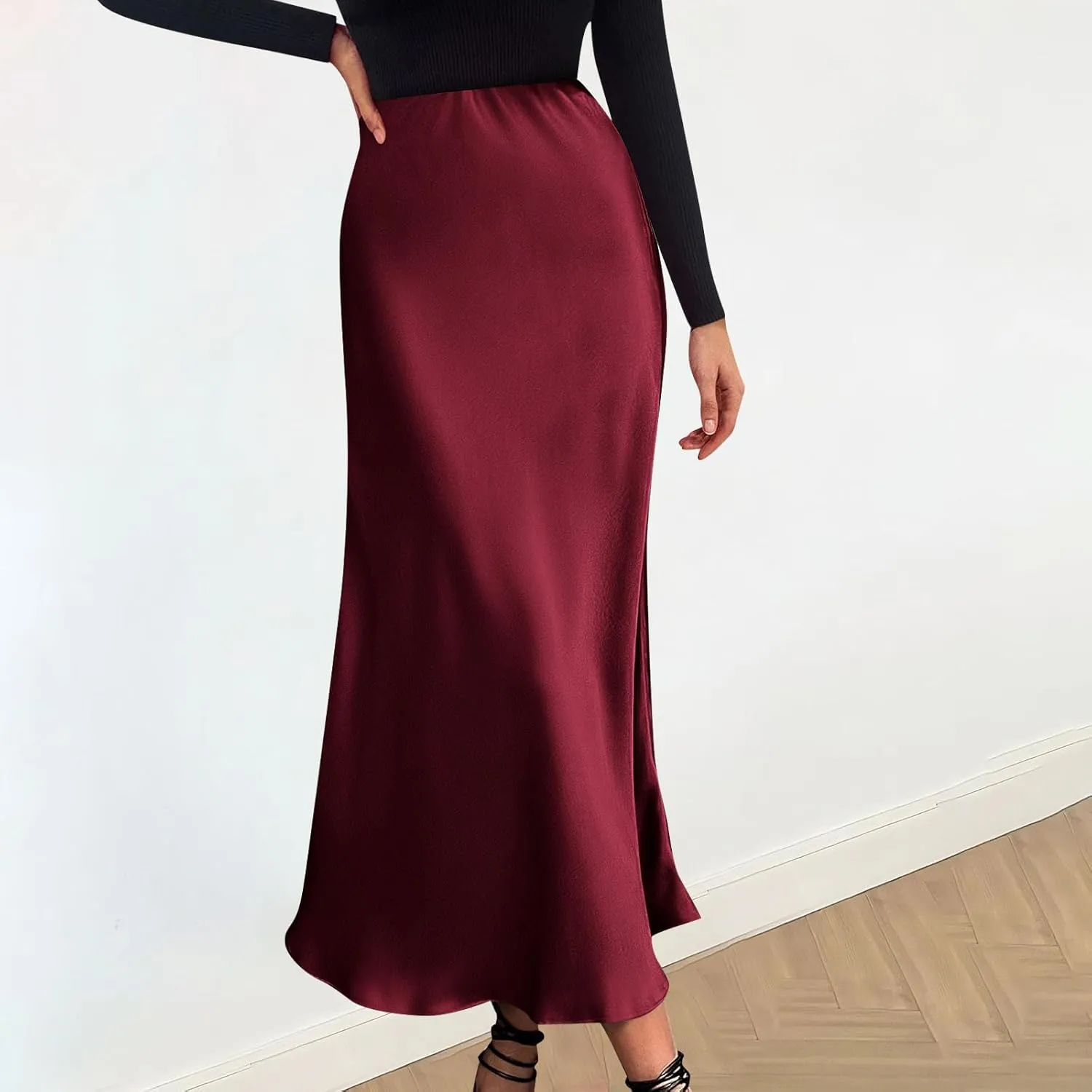 Women Satin Basic Midi Skirt Bodycon High Waist Pencil Skirts Elegant Casual Slim Fit Work Skirt for Going Out