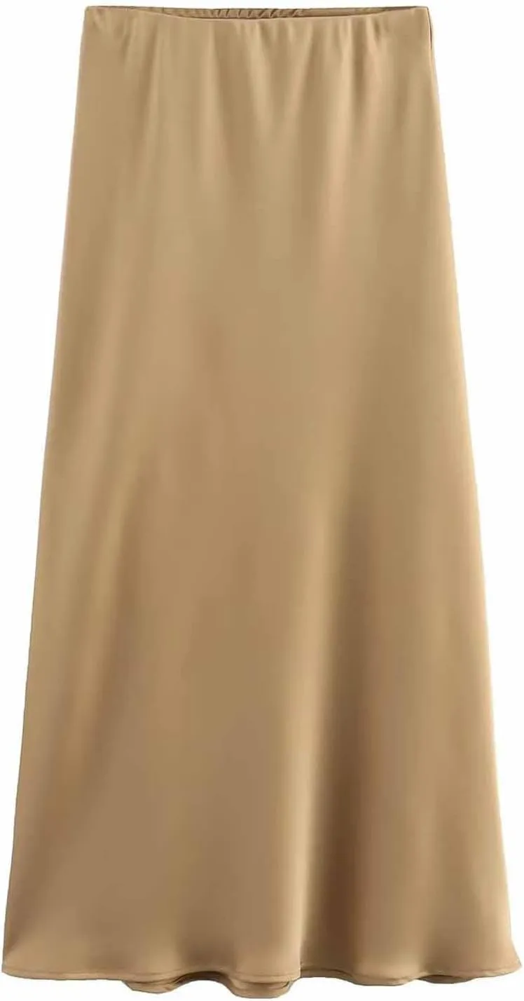 Women Satin Basic Midi Skirt Bodycon High Waist Pencil Skirts Elegant Casual Slim Fit Work Skirt for Going Out