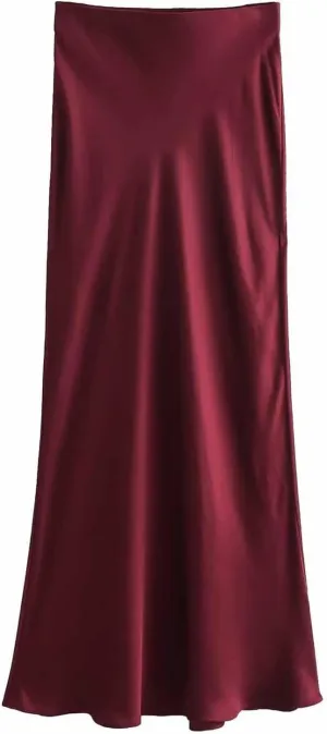 Women Satin Basic Midi Skirt Bodycon High Waist Pencil Skirts Elegant Casual Slim Fit Work Skirt for Going Out