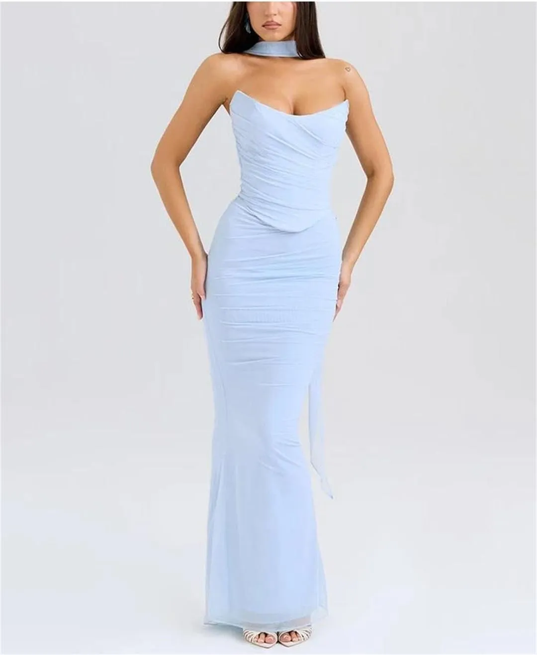 Women Sexy Two Piece Sets Neckerchief Strapless Crop Tops And Maxi Skirt