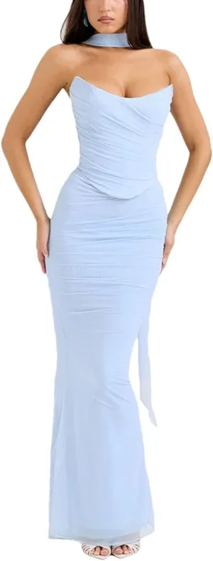 Women Sexy Two Piece Sets Neckerchief Strapless Crop Tops And Maxi Skirt