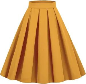 Women Solid Vintage Pleated Midi Skirts Elegant Casual Swing Skirt High Waist Bodycon Party Skirt