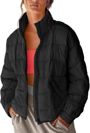 Women Stand Collar Puffer Down Jacket Long Sleeve Cropped Zipper Outwear with Pockets Short Winter Warm Parka Coats