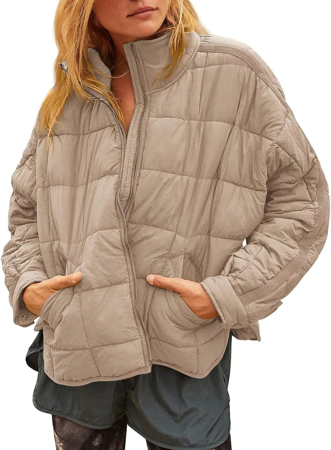 Women Stand Collar Puffer Down Jacket Long Sleeve Cropped Zipper Outwear with Pockets Short Winter Warm Parka Coats