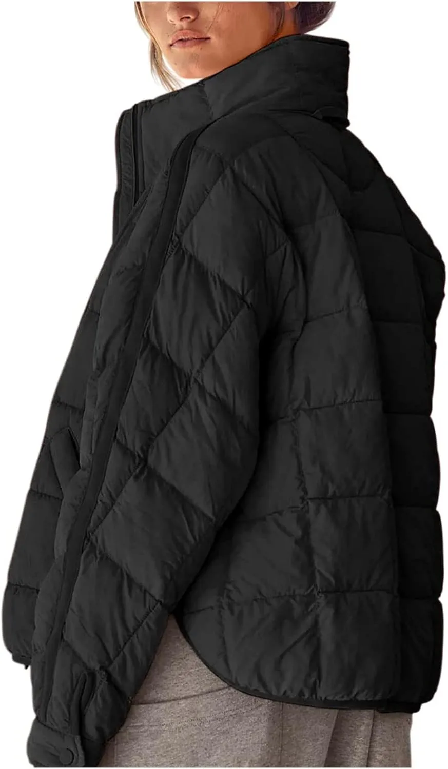 Women Stand Collar Puffer Down Jacket Long Sleeve Cropped Zipper Outwear with Pockets Short Winter Warm Parka Coats