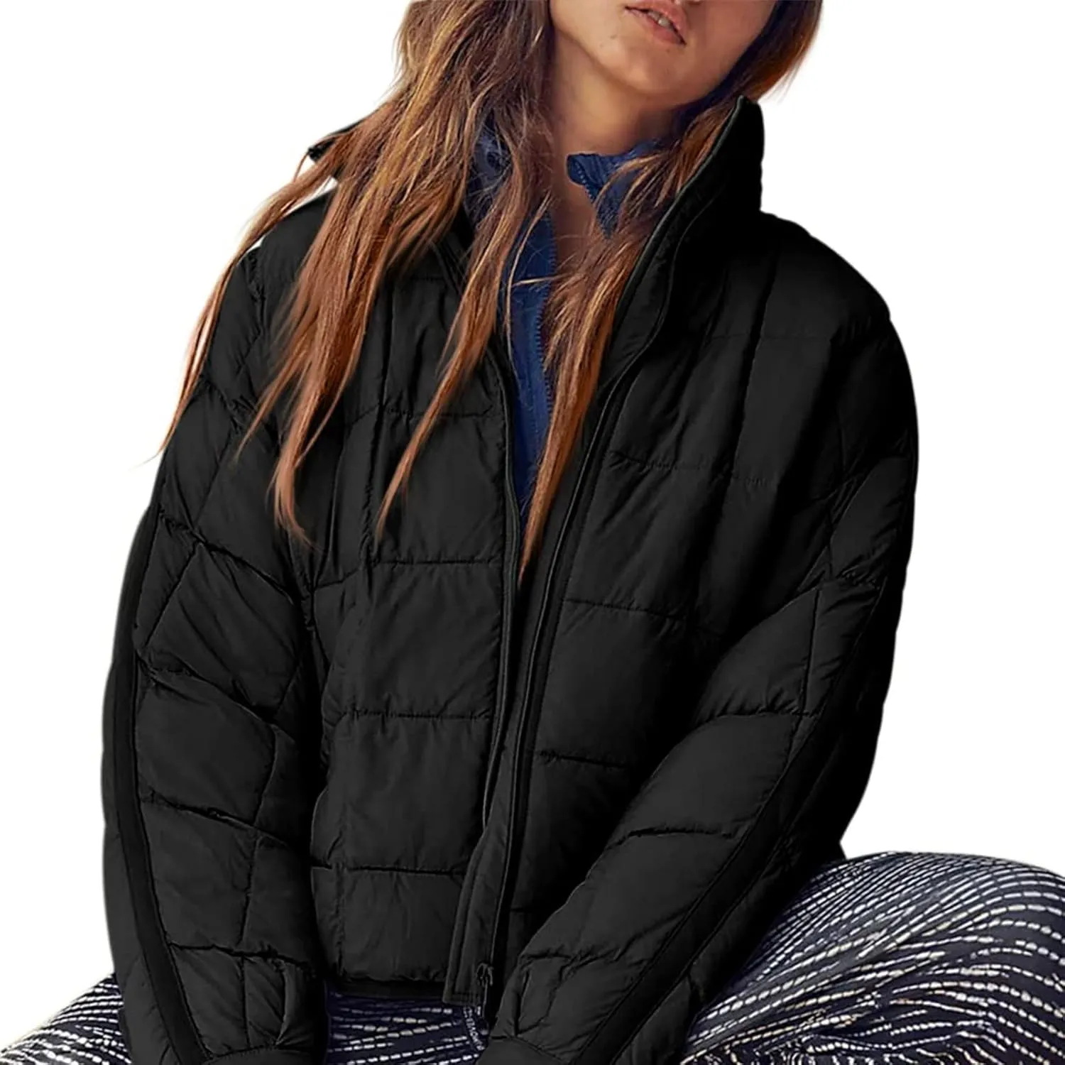 Women Stand Collar Puffer Down Jacket Long Sleeve Cropped Zipper Outwear with Pockets Short Winter Warm Parka Coats