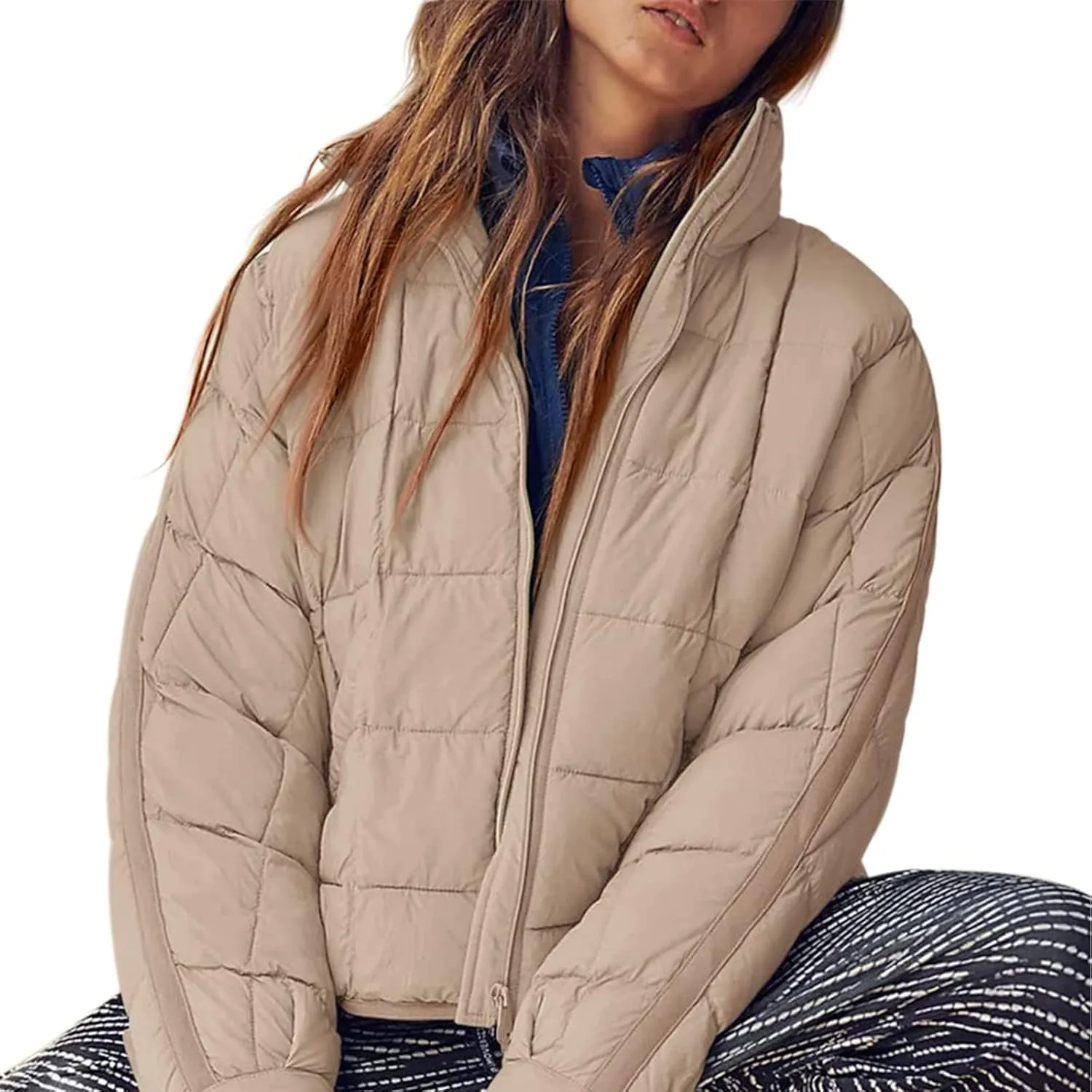 Women Stand Collar Puffer Down Jacket Long Sleeve Cropped Zipper Outwear with Pockets Short Winter Warm Parka Coats