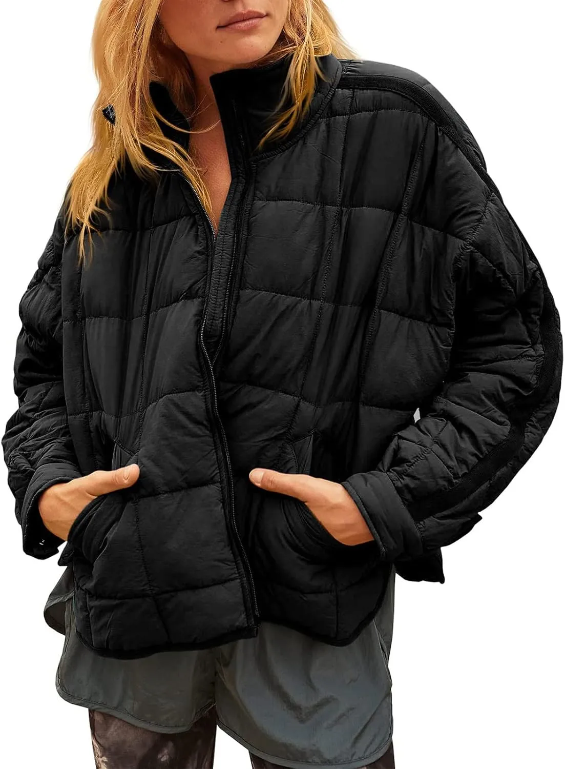 Women Stand Collar Puffer Down Jacket Long Sleeve Cropped Zipper Outwear with Pockets Short Winter Warm Parka Coats