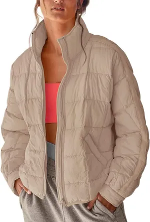 Women Stand Collar Puffer Down Jacket Long Sleeve Cropped Zipper Outwear with Pockets Short Winter Warm Parka Coats
