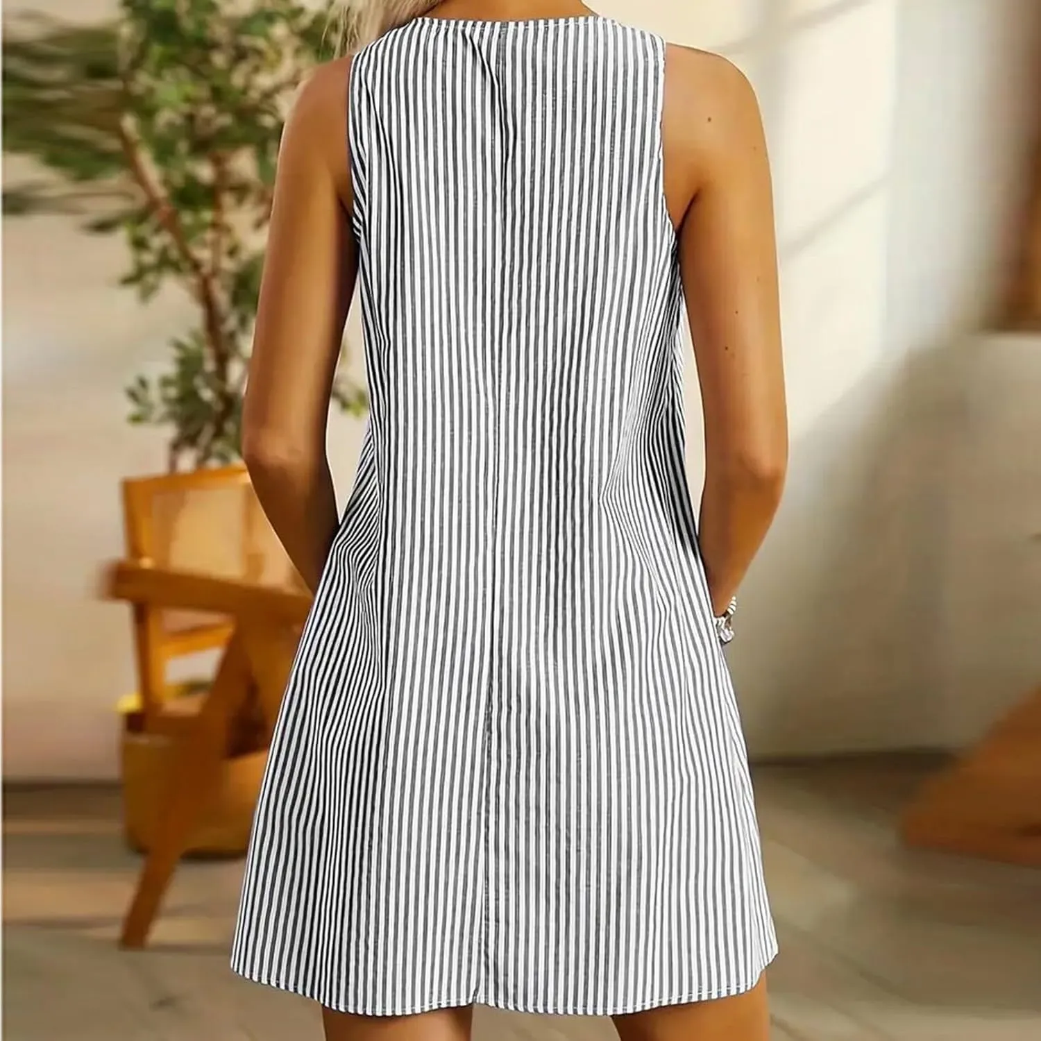 Women Summer Dresses Striped Loose Athletic Dress Sleeveeless Round Neck Hot Shot Mini Dress with Pockets