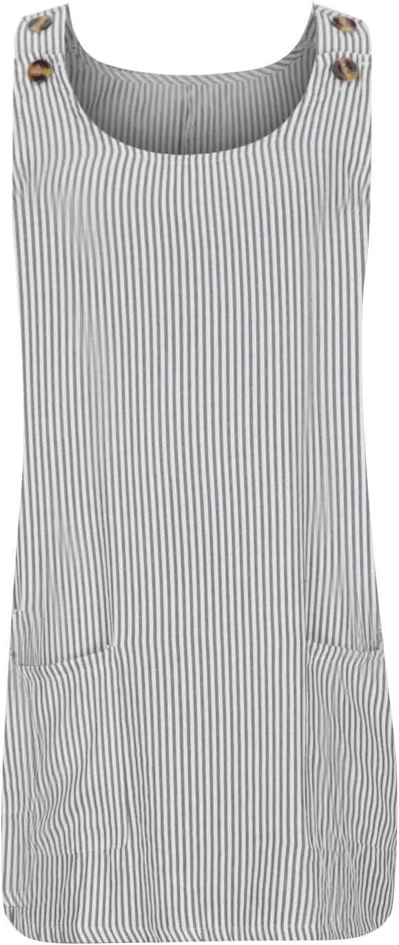 Women Summer Dresses Striped Loose Athletic Dress Sleeveeless Round Neck Hot Shot Mini Dress with Pockets