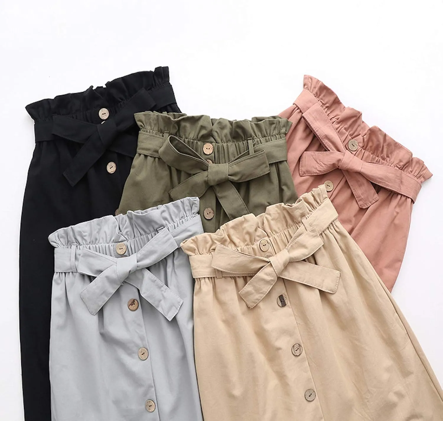 Women Summer High Waist Skirt Elegant Casual Vintage Pleated A-line Button Front Midi Skirt with Belt