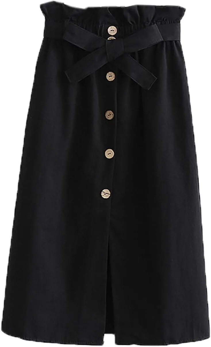 Women Summer High Waist Skirt Elegant Casual Vintage Pleated A-line Button Front Midi Skirt with Belt