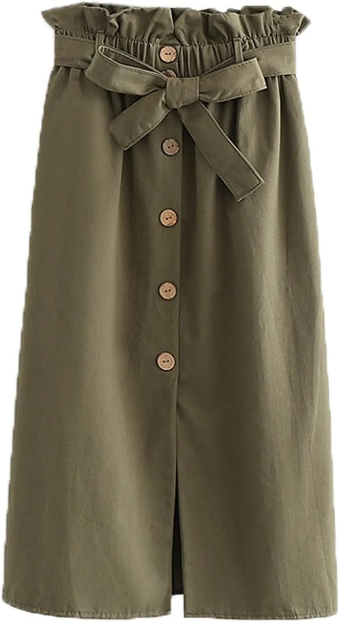 Women Summer High Waist Skirt Elegant Casual Vintage Pleated A-line Button Front Midi Skirt with Belt