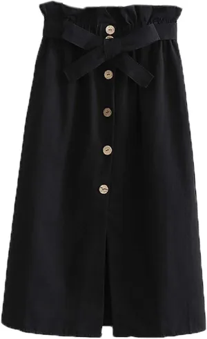 Women Summer High Waist Skirt Elegant Casual Vintage Pleated A-line Button Front Midi Skirt with Belt