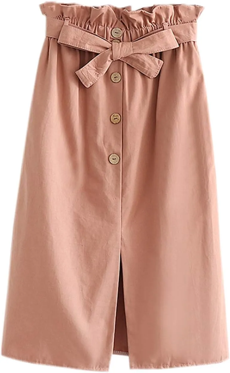 Women Summer High Waist Skirt Elegant Casual Vintage Pleated A-line Button Front Midi Skirt with Belt