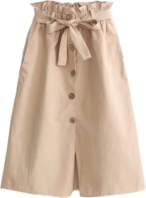 Women Summer High Waist Skirt Elegant Casual Vintage Pleated A-line Button Front Midi Skirt with Belt